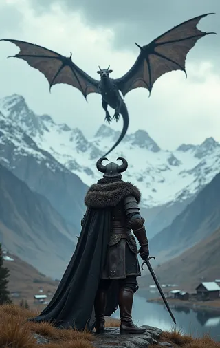 A Skyrim-themed warrior with a horned helmet and leather armor holding a sword looks up at a dark demonic dragon flying above snowy mountains under a cloudy sky near a small village.