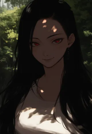 Anime woman with long black hair and red eyes smiling seductively outdoors in a shaded forest setting, with light reflections on her face and upper body.
