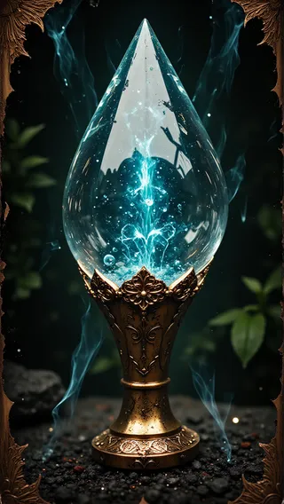 A glowing magic diamond encased in an ornate bronze frame with mystical blue energy swirling inside, surrounded by smoke and a dark background.