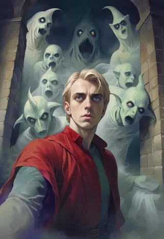 A blond noble man taking a selfie wearing a green shirt and red robe, surrounded by ghostly monsters in an old castle interior, viewed from a low angle.