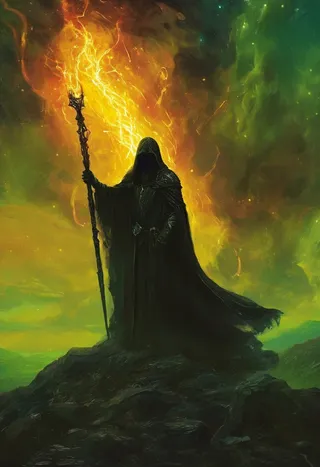 A dark hooded wizard stands on rocky terrain holding a fiery staff with glowing orange flames, surrounded by vibrant green and yellow mystical light and smoke.