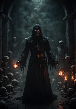 Sinister necromancer with glowing eyes in a dark dungeon, surrounded by skulls and skeletons, performing a dark ritual with magical energy swirling around.