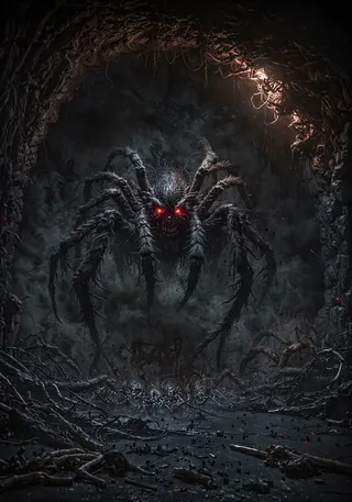 A terrifying giant spider with thick fur and glowing red eyes in a dark, web-covered cave surrounded by bones and an eerie atmosphere.