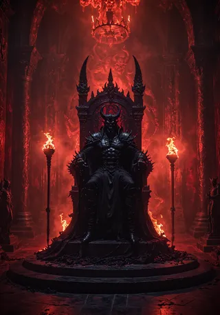 A dark imposing demon king seated on an obsidian throne in a gothic hall surrounded by hellfire and dim red lighting.