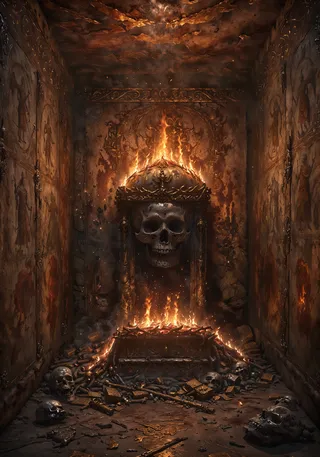 An ancient underground tomb featuring a grand burning sarcophagus adorned with skull motifs, surrounded by scattered relics, skulls, and ancient frescoed walls under dim, mystical lighting.