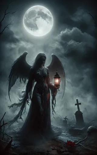 A dark, eerie graveyard scene featuring a fallen angel holding a glowing lantern under a bright full moon, surrounded by fog and broken graves.