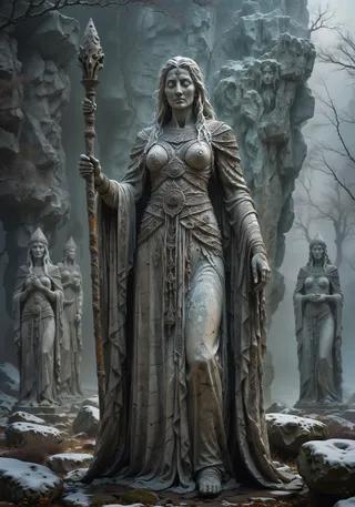 Monumental stone statues of ancient sorcerers and enchantresses with flowing robes and raised staffs, standing solemnly amidst a mystical, rocky landscape.