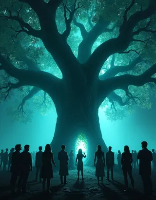 A large ancient tree glowing with ethereal blue-green light surrounded by a group of people standing in awe in a dark, mystical forest.