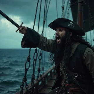 A fierce pirate with a long black beard and large hat, screaming and pointing a sword on a pirate ship with black sails amid a thundering storm at sea.