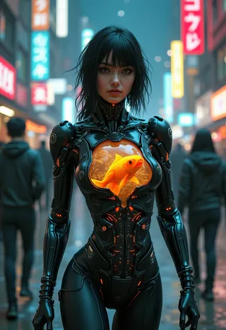 A semi-realistic android woman with a cybernetic implant in her chest revealing a glowing gold fish inside an aquarium, walking in a neon-lit cyberpunk street with a glitch effect.