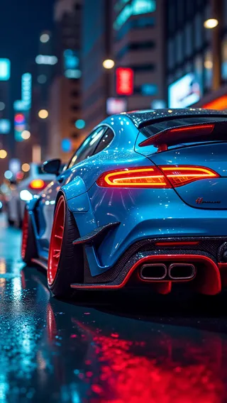 Rear view of a blue tuned Mercedes sports car with red accents and illuminated taillights on a wet city street at night