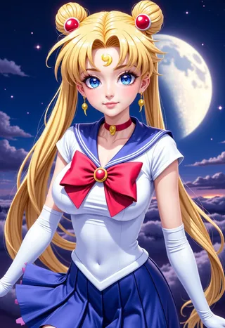 Blonde-haired Sailor Moon with blue eyes wearing a classic sailor uniform, standing under a night sky with a full moon.