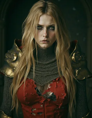 A fantasy woman with long blonde hair and dark shaded eyes wearing a torn ornate red dress with golden edges and damaged chainmail armor, set in a dark eerie atmosphere.