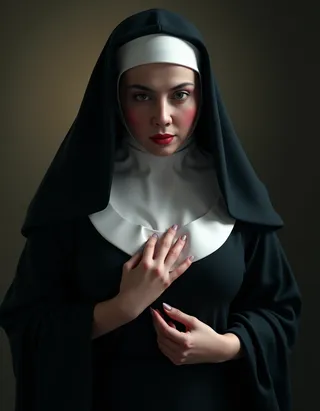 A hyper-realistic portrait of a woman dressed as a nun with dramatic lighting highlighting her face, detailed shading, and a veiled habit.
