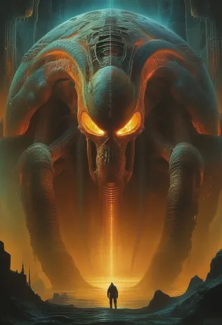 A colossal biomechanical hybrid with glowing orange eyes looms over a lone human figure standing in a dark, eerie landscape illuminated by fiery light.