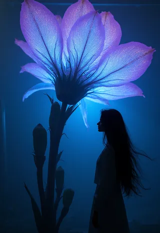 Silhouette of a woman with long flowing hair facing a giant bioluminescent flower glowing blue and purple with circuitry-like patterns under dramatic cinematic lighting.