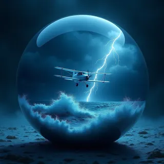 Deep blue crystal ball containing a stormy scene with dark clouds, lightning striking, turbulent ocean waves, and a white biplane struggling in strong wind.