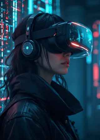 Close-up portrait of a cyberpunk hacker woman wearing a black jacket and a virtual reality headset with headphones, set against a futuristic backdrop with holographic lights and code.