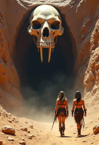 Two female barbarian warriors walking towards a large cave entrance topped by a giant humanoid skull with prominent canines in a dusty, arid mountainous landscape under bright late afternoon sun.