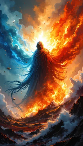 A striking depiction of an elemental avatar with flowing robes, blending fire and water energies in a dramatic, high energy fantasy scene.