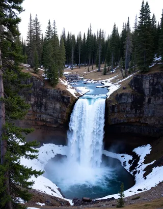 Waterfall cascading into a rocky basin surrounded by pine trees and patches of light snow covering the tundra landscape.