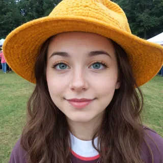 Close-up of a smiling young woman wearing a large yellow cheese hat outdoors with greenery and festival tents in the background.