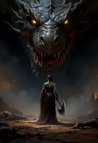 A powerful dark fantasy scene showing a woman in valkyri armor holding a large axe, standing before a massive dragon head with glowing yellow eyes and sharp teeth.