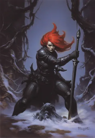 Closeup fantasy oil painting of a woman with bright red hair wearing heavy steel knight armor, standing in a snowy dark forest holding a long blade sword.