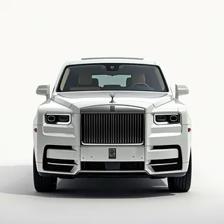 Front view of a Rolls Royce mini van featuring a large bold grill, sharp lines, silver trims, and ceramic white paint.