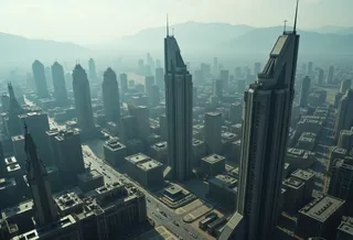 A drone view of a city with tall concrete buildings featuring authoritarian architectural style, set against distant mountains in a hazy, cinematic atmosphere.