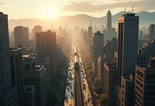 Drone view of a city with authoritarian architecture and concrete buildings, a bullet train running through the center, crowds on both sides, mountains in the background with sun flare during daytime.