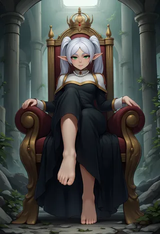 Elf with white twintails and green eyes sitting barefoot on a large ornate throne in an abandoned castle ruin, wearing a black dress with gold trim, a crown, and a pearl necklace.
