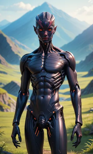 A cybernetic humanoid figure with black synthetic skin and orange glowing eyes stands in a bright alien mountain landscape, showcasing a fusion of human and machine elements.