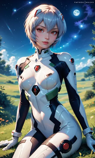 Rei Ayanami wearing a detailed white plugsuit with red eyes sitting on green grass under a clear night sky with stars and a bright moon