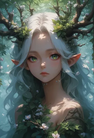 Fantasy dryad elf with long white hair, green eyes, antlers adorned with leaves and cherry blossoms, surrounded by nature
