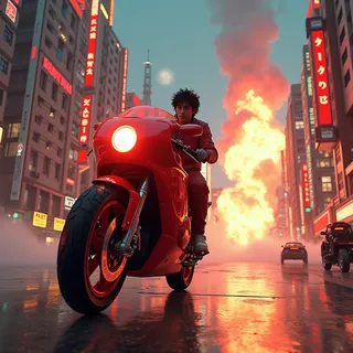 Kaneda riding his iconic red futuristic bike on a wet street in Neo Tokyo amidst large explosions, depicted in a cinematic anime style with 3D elements and cyberpunk cityscape.