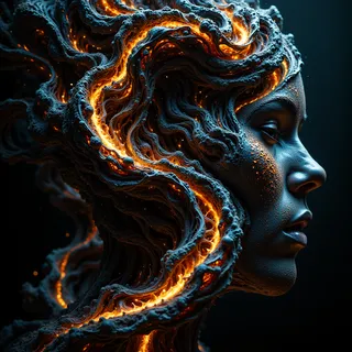 Side profile of a burning heroine with intricately detailed fractal cracked surface emitting fiery orange light in a dark night scenery.
