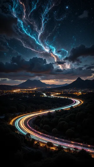Noir-style nighttime Windhoek landscape showing a winding highway with vibrant light trails, dramatic clouds, silhouetted mountains, and a star-filled sky with glowing nebula-like blue and orange streaks.