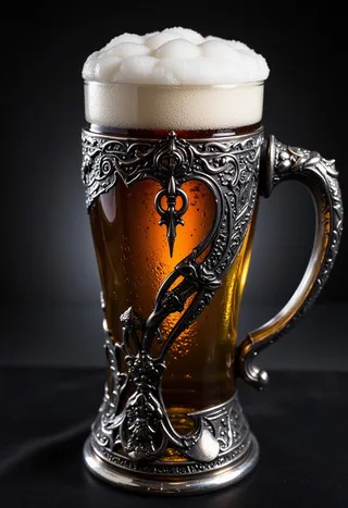 A detailed beer tankard featuring ornate metalwork with a Giger-inspired design, filled with amber beer and topped with thick foam.