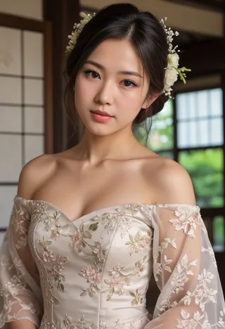 Portrait of a Japanese girl wearing an off-shoulder wedding dress adorned with intricate floral embroidery, illuminated by realistic lighting.