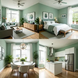 A 2x2 grid featuring a luxury living room, green-themed bedroom, dining room, and modern kitchen with refrigerator, all styled in white and green tones.