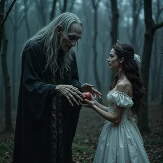 A creepy old witch with wrinkled grey skin and long white hair offers a red apple to a fearful princess in a white dress, standing in a dark, spooky forest with dead trees.