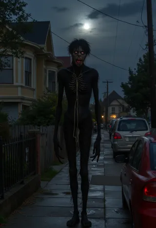 A very tall, skinny dark humanoid figure with a distorted face, red eyes, and wide-open mouth stands on a moonlit American neighborhood street at night, surrounded by parked cars and houses.
