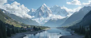 Detailed landscape of snow peaked mountains with a river valley featuring a small village and a boat traveling along the river under a blue sky with clouds.