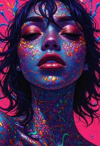 Close-up portrait of a woman with closed eyes featuring vibrant neon psychedelic patterns and honeycomb textures on her face and upper body.