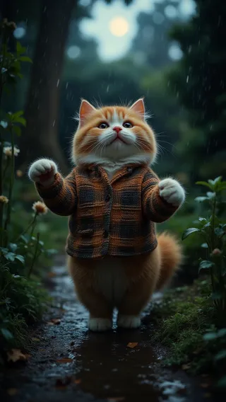 A Scottish Fold cat wearing a brown and black plaid jacket stands in a rain-soaked garden path under moonlight with rain falling and surrounding plants.