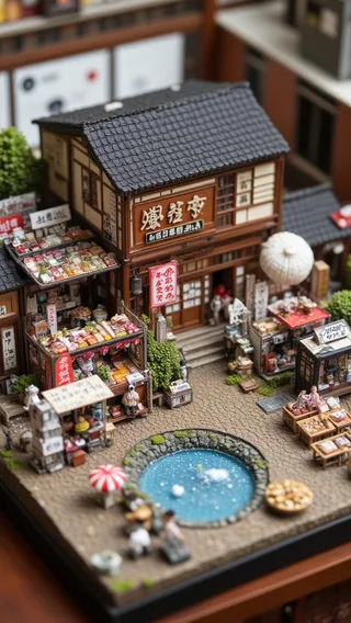 A detailed diorama showcasing the dense Kuromon Ichiba Market with traditional Japanese storefronts, miniature market stalls, a stone-paved plaza, and a small pond with water details.