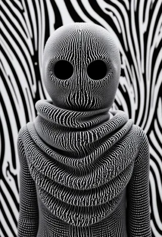 Closeup of a Striped Ninja figure composed of bold thick black and white lines, standing against a distorted striped wallpaper background creating a 3D illusion of lined space.