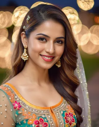 Close-up headshot of a smiling 25-year-old desilatte woman wearing an intricately embroidered ethnic dress with floral patterns, gold earrings, and soft curls, posing outdoors at night with bokeh lights in the background.