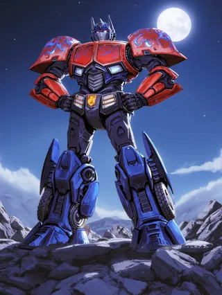 Optimus Prime robot with advanced futuristic design stands heroically on a rocky pile at night under a bright full moon, glowing in red and blue with flame patterns.